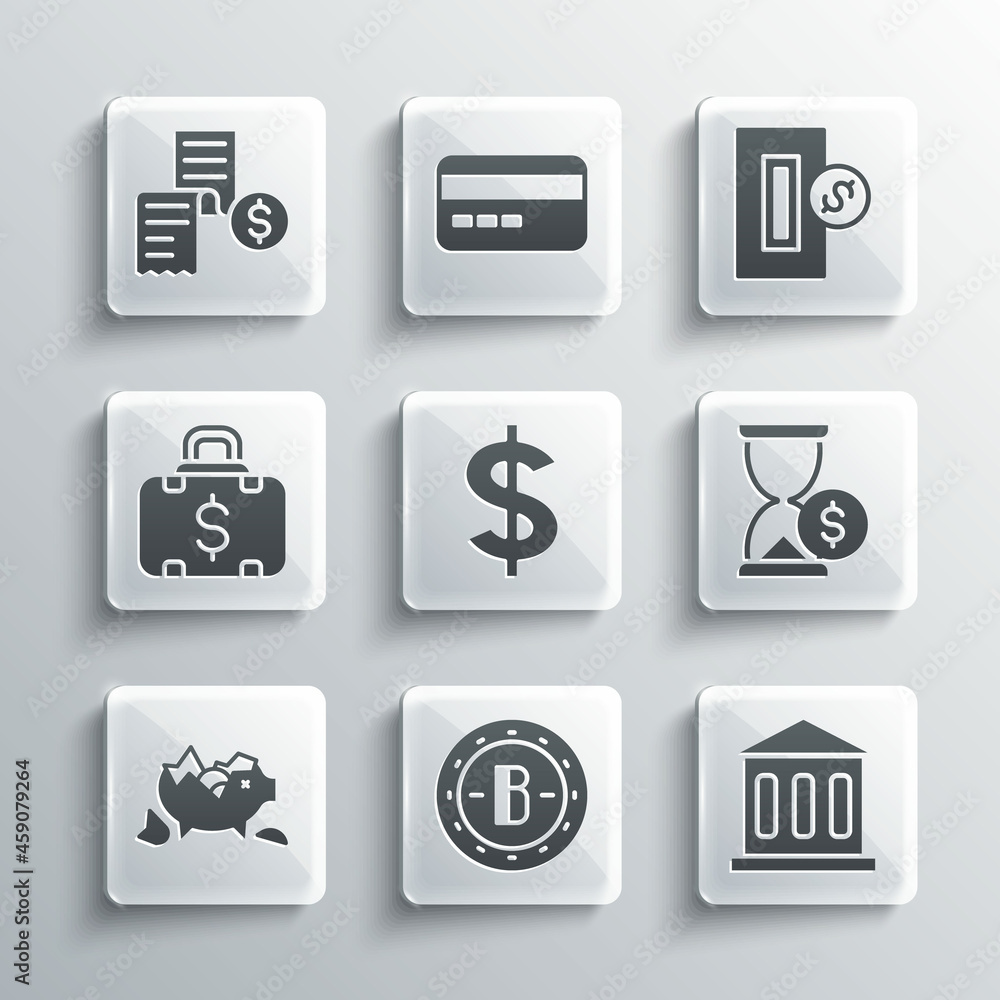 Set Bitcoin, Bank building, Hourglass with dollar, Dollar symbol, Broken piggy bank, Briefcase and money, Paper or financial check and Inserting icon. Vector Set Bitcoin, Bank building, Hourglass with dollar, Dollar symbol, Broken piggy bank, Briefcase and money, Paper or financial check and Inserting icon. Vector