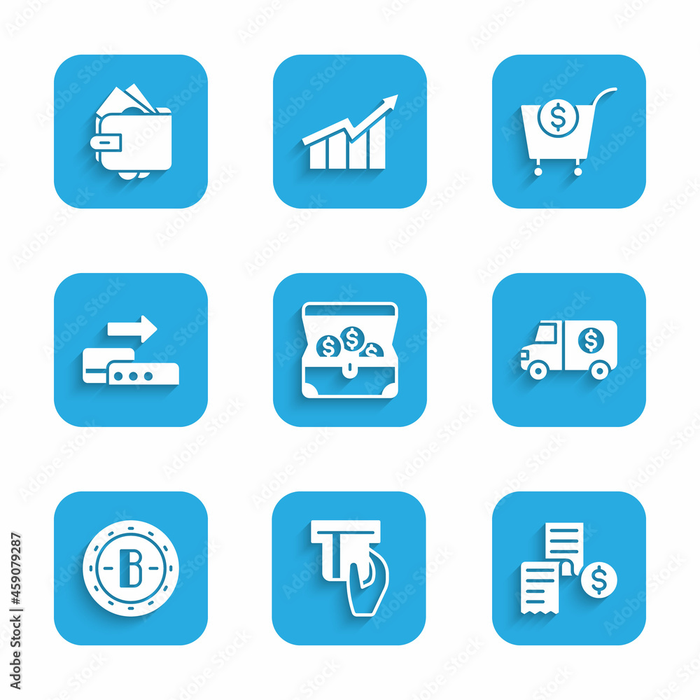 Set Treasure chest, Credit card inserted, Paper or financial check, Armored truck, Bitcoin, Pos terminal, Shopping cart and dollar and Wallet with money icon. Vector Set Treasure chest, Credit card inserted, Paper or financial check, Armored truck, Bitcoin, Pos terminal, Shopping cart and dollar and Wallet with money icon. Vector