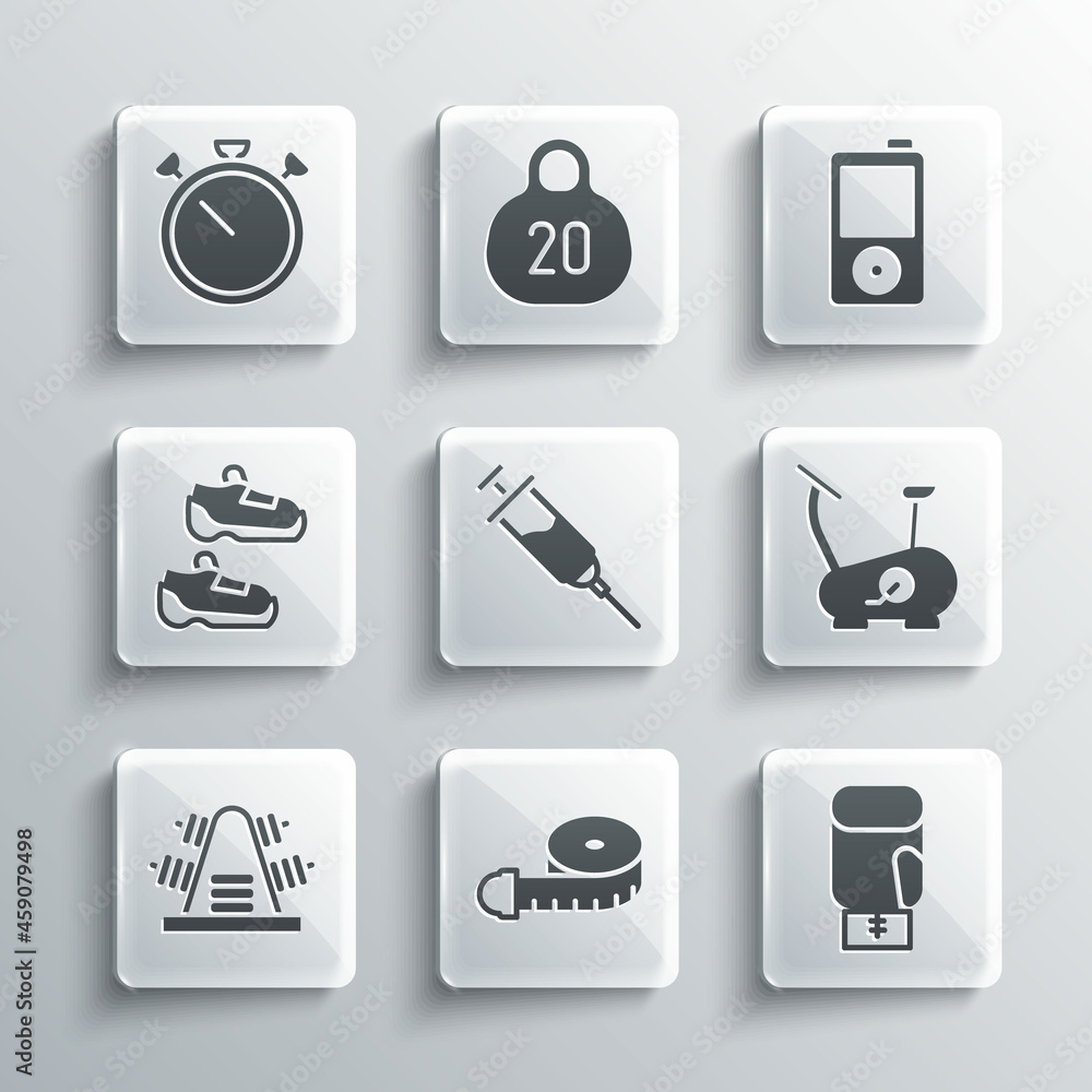 Set Tape measure, Boxing glove, Stationary bicycle, Doping syringe, Metal rack with weights, Sport sneakers, Stopwatch and Music player icon. Vector Set Tape measure, Boxing glove, Stationary bicycle, Doping syringe, Metal rack with weights, Sport sneakers, Stopwatch and Music player icon. Vector