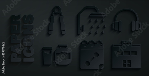 Set Calendar fitness, Headphones, Sports nutrition, Gym building, Shower head and expander icon. Vector