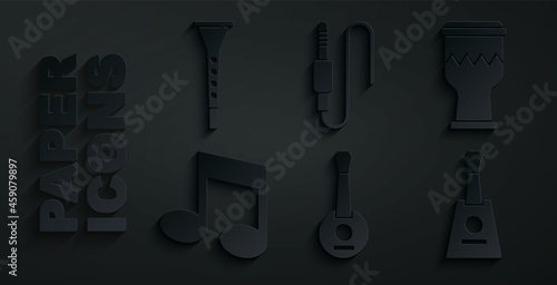 Set Banjo, Drum, Music note, tone, Balalaika, Audio jack and Clarinet icon. Vector