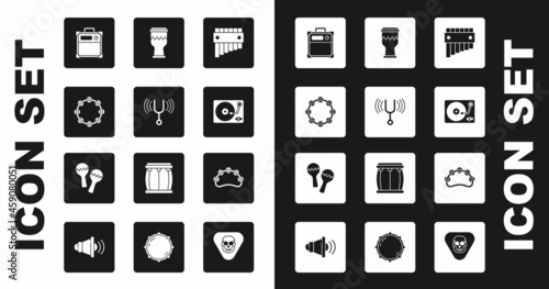 Set Pan flute, Musical tuning fork, Tambourine, Guitar amplifier, Vinyl player with vinyl disk, Drum, and Maracas icon. Vector
