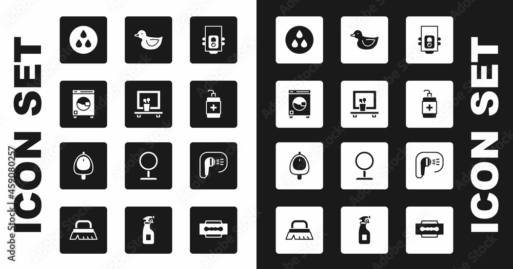 Set Gas boiler, Washbasin mirror, Washer, Water drop, Hand sanitizer bottle, Rubber duck, Shower and Toilet urinal pissoir icon. Vector Set Gas boiler, Washbasin mirror, Washer, Water drop, Hand sanitizer bottle, Rubber duck, Shower and Toilet urinal pissoir icon. Vector
