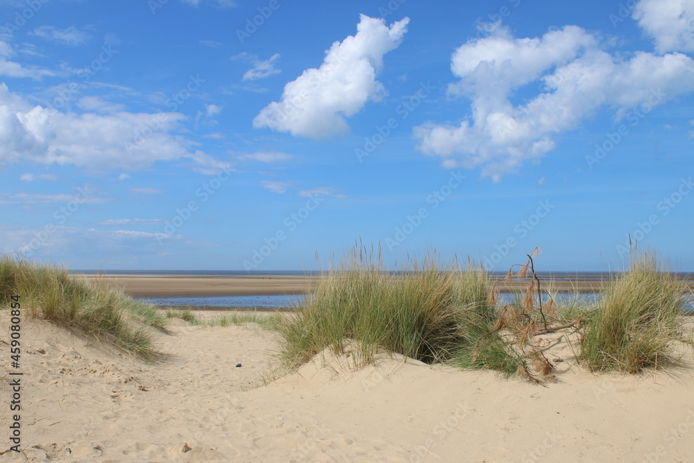 Beautiful sandy beach vast landscape with grassy sand dune banks and blue sky with white clouds in Summer in Wells Next the Sea in Norfolk East Anglia uk