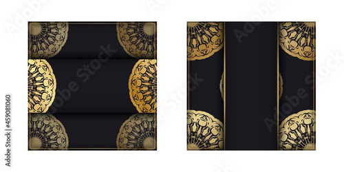 Postcard template in black color with mandala gold pattern prepared for typography.