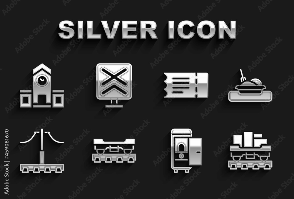 Set Cargo train wagon, Plate with food, Toilet the car, Railway, Train ticket, station and Railroad crossing icon. Vector