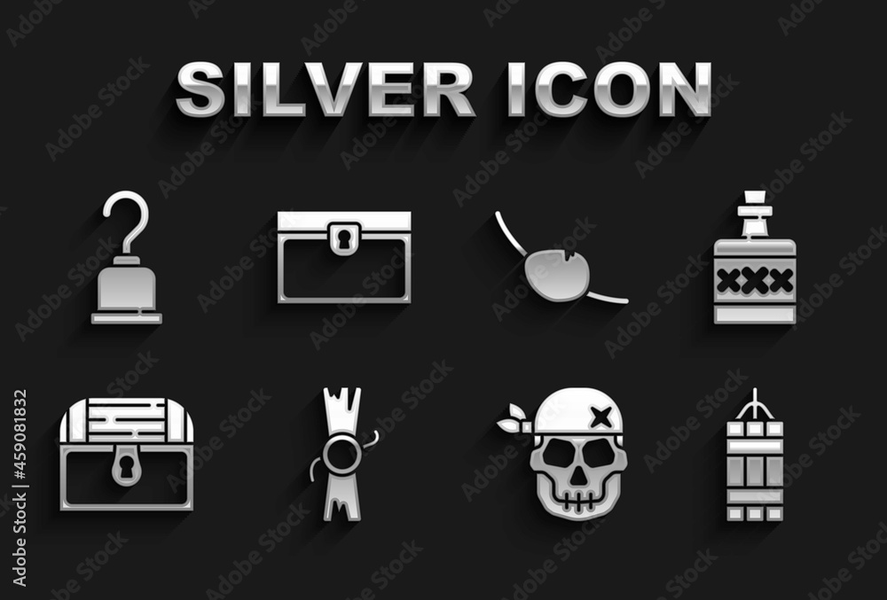 Set Decree, parchment, scroll, Alcohol drink Rum, Dynamite bomb, Skull, Antique treasure chest, Pirate eye patch, hook and icon. Vector Set Decree, parchment, scroll, Alcohol drink Rum, Dynamite bomb, Skull, Antique treasure chest, Pirate eye patch, hook and icon. Vector