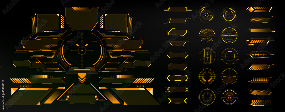 Big Collection yellow hi-tech elements, HUD, interface for GUI, UI, UX design. Futuristic Sci-Fi user Interface. Dashboard display. Callouts titles. Vector - obrazy, fototapety, plakaty 