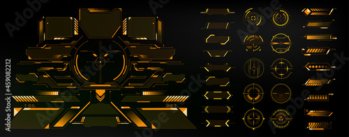 Big Collection yellow hi-tech elements, HUD, interface for GUI, UI, UX design. Futuristic Sci-Fi user Interface. Dashboard display. Callouts titles. Vector