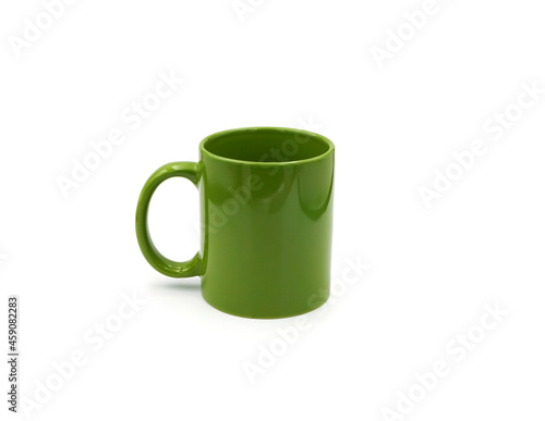 Green ceramic coffee cup isolated on white background