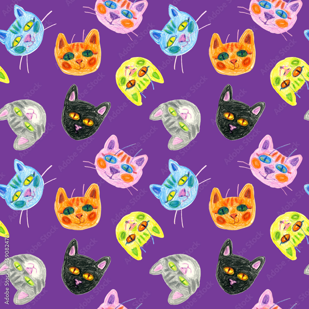 Seamless pattern of multicolored faces of cats drawn with wax crayons. For fabric, sketchbook, wallpaper, wrapping paper. Seamless pattern of multicolored faces of cats drawn with wax crayons. For fabric, sketchbook, wallpaper, wrapping paper.