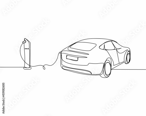 Continuous one line drawing of electric car plug in electric vehicle charging in silhouette on a white background. Linear stylized.Minimalist.