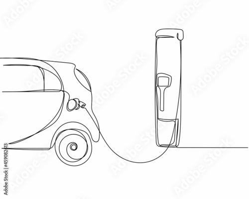 Continuous one line drawing of electric car plug in electric vehicle charging in silhouette on a white background. Linear stylized.Minimalist.