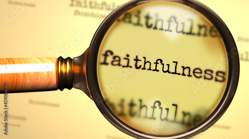 Faithfulness and a magnifying glass on English word Faithfulness to symbolize studying, examining or searching for an explanation and answers related to a concept of Faithfulness, 3d illustration