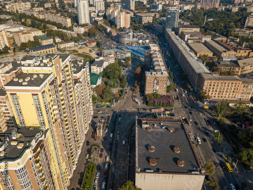 Houses in the business area of Kiev. Summer sunny day. Aerial drone view.