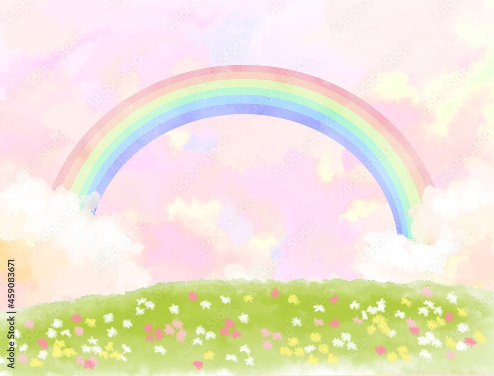 虹と花畑の背景　壁紙