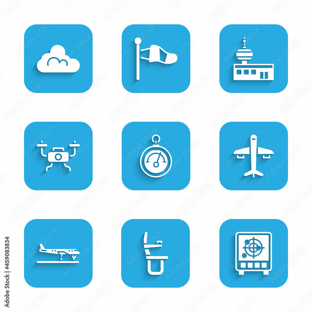 Set Barometer, Airplane seat, Radar with targets on monitor, Plane, Drone flying, Airport control tower and Cloud weather icon. Vector Set Barometer, Airplane seat, Radar with targets on monitor, Plane, Drone flying, Airport control tower and Cloud weather icon. Vector