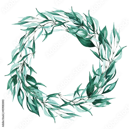 Isolated eucalyptus leaves wreath. Traced vector watercolor. Hand drawn illustration on white background. Water colour drawing.
