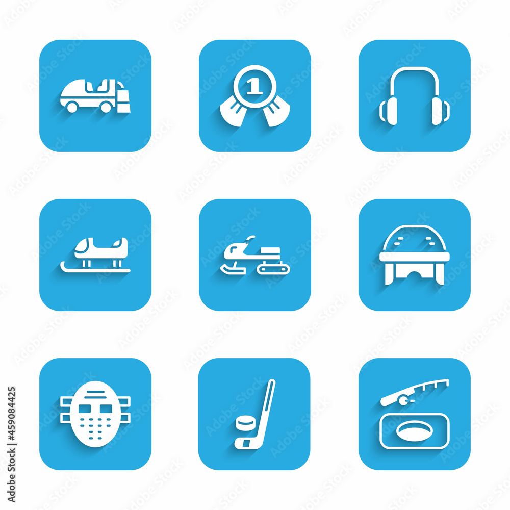 Set Snowmobile, Ice hockey stick and puck, Winter fishing, Hockey helmet, mask, Sled, headphones and resurfacer icon. Vector Set Snowmobile, Ice hockey stick and puck, Winter fishing, Hockey helmet, mask, Sled, headphones and resurfacer icon. Vector