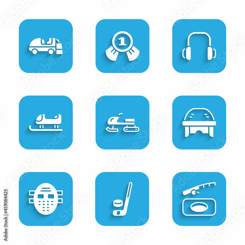 Set Snowmobile, Ice hockey stick and puck, Winter fishing, Hockey helmet, mask, Sled, headphones and resurfacer icon. Vector