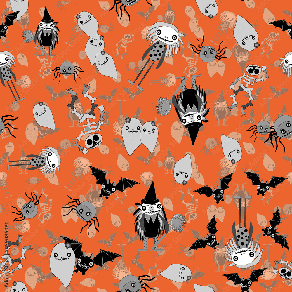 Orange Halloween cute monster Family pattern vector 