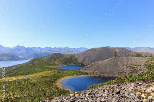 Picturesque view from the mountain to Anemone and Mechta (Dream) Lakes that are located about 200 meters above the Jack London Lake, Magadan region, Russian Far East