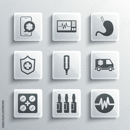 Set Medical vial, ampoule, Heart rate, Emergency car, thermometer, Pills in blister pack, Life insurance hand, phone call and Human stomach icon. Vector