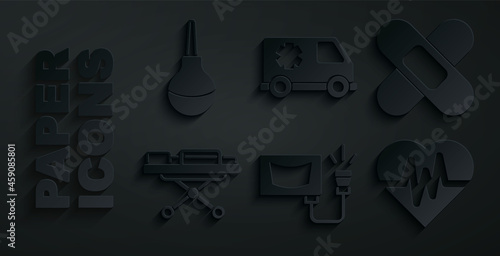 Set Ultrasound, Crossed bandage plaster, Stretcher, Heart rate, Emergency car and Enema icon. Vector