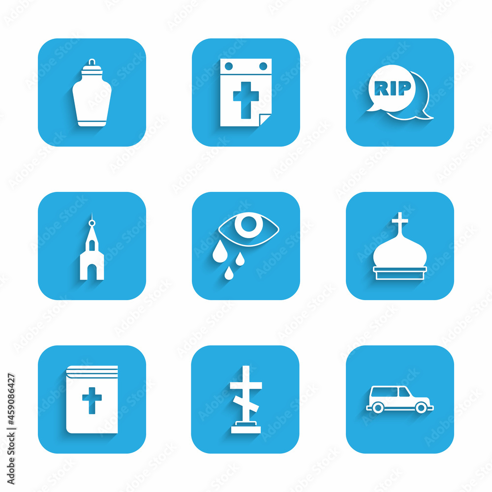 Set Tear cry eye, Grave with cross, Hearse car, Church tower, Holy bible book, building, Speech bubble rip death and Funeral urn icon. Vector Set Tear cry eye, Grave with cross, Hearse car, Church tower, Holy bible book, building, Speech bubble rip death and Funeral urn icon. Vector