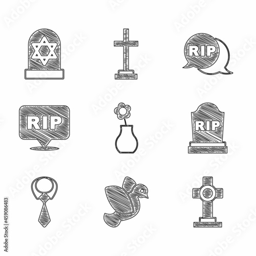 Set Flower in vase, Dove, Grave with cross, Tombstone RIP written, Tie, Speech bubble rip death, and star of david icon. Vector