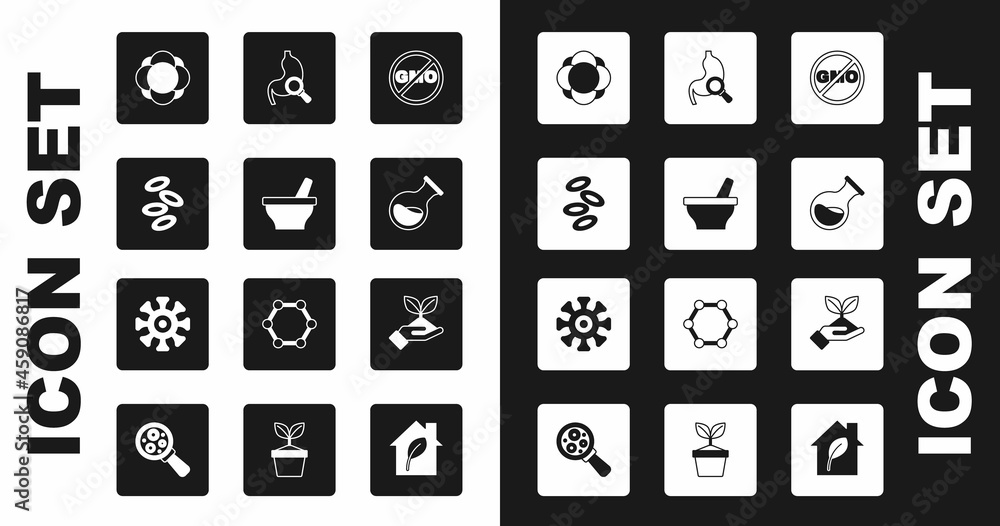 Set No GMO, Mortar and pestle, Hemoglobin, Molecule, Test tube flask, Stomach with magnifying glass, Plant hand and Bacteria icon. Vector Set No GMO, Mortar and pestle, Hemoglobin, Molecule, Test tube flask, Stomach with magnifying glass, Plant hand and Bacteria icon. Vector