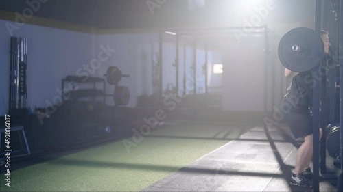 Male person do fitness snatch balance with barbell workout weightlifting 4K