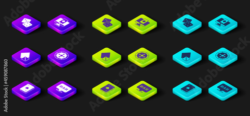 Set Playing card with spades, Alcohol bar location, Game dice, Casino roulette wheel, Online poker table game and icon. Vector
