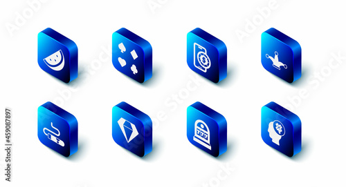 Set Deck of playing cards, Online poker table game, Joker, Casino slot machine with clover, Slot jackpot, Diamond, Cigar and watermelon icon. Vector