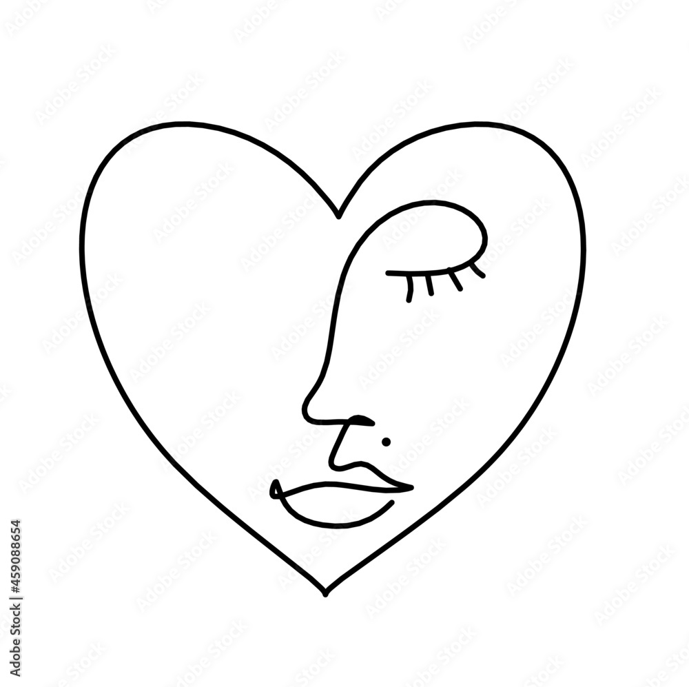 Woman silhouette face in shape heart as line drawing picture on white. Vector