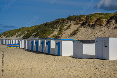 Texel, Netherlands. August 2021. The beach houses on the beach of the Wadden Island of Texel.