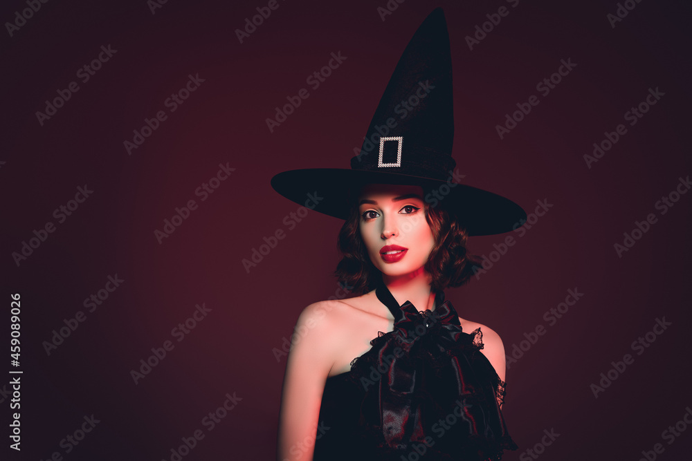Photo of seductive cruel mysterious woman wear gothic witch dress headwear empty space isolated dark gradient color background