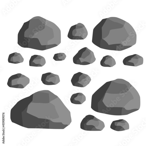 Natural wall stones and smooth and rounded grey rocks. Element of forests, mountains and caves with cobblestone. Cartoon flat illustration