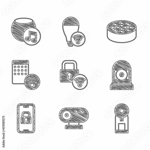 Set Digital door lock, Web camera, Smart coffee machine, Ringing alarm bell, Air humidifier, Water sensor and Voice assistant icon. Vector