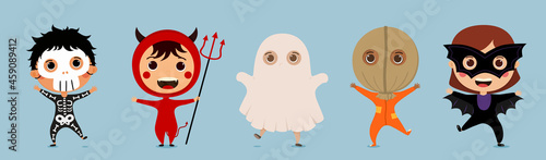 Set of Halloween Costume kids for trick or treat festival. Children dress up for Halloween Day . Vector Illustration elements for advertisement , card , banner or poster . Isolated characters