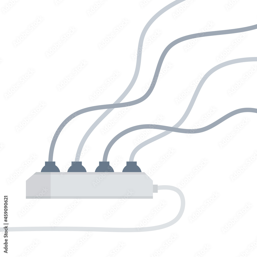 Many outlets to plug with wires. load on system. Cartoon flat illustrationt. Electrical socket. Household appliance at home. High voltage and curren Many outlets to plug with wires. load on system. Cartoon flat illustrationt. Electrical socket. Household appliance at home. High voltage and curren