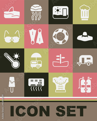 Set Aqualung, Rv Camping trailer, Elegant women hat, Travel postcard, Rubber flippers for swimming, Glasses, Shark fin ocean wave and ring icon. Vector