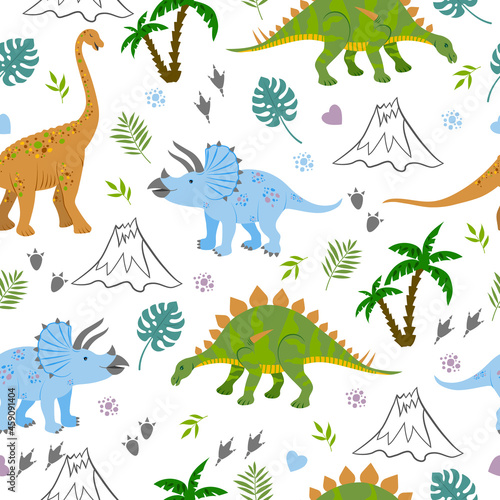 Vector seamless pattern with funny dinosaurs  palms  volcanoes. Doodle funny animal design for baby textiles. Cartoon dinosaurs.