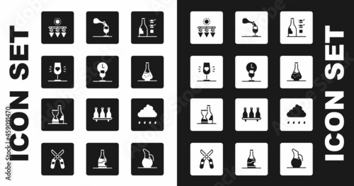 Set Bottle of wine, Wine time, glass, Drying grapes, Decanter for, tasting, degustation, Cloud with rain and icon. Vector