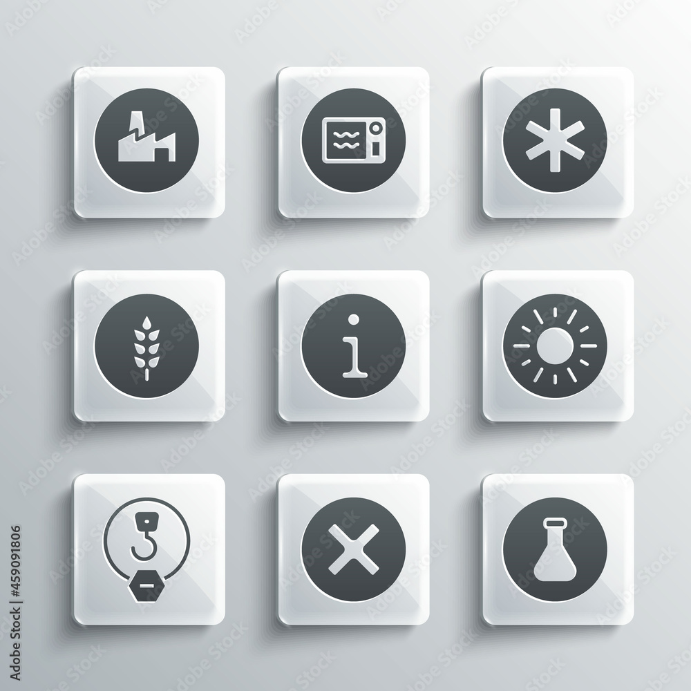 Set X Mark, Cross in circle, Test tube and flask, Sun, Information, Industrial hook, Wheat, Factory production and Medical symbol of the Emergency icon. Vector Set X Mark, Cross in circle, Test tube and flask, Sun, Information, Industrial hook, Wheat, Factory production and Medical symbol of the Emergency icon. Vector