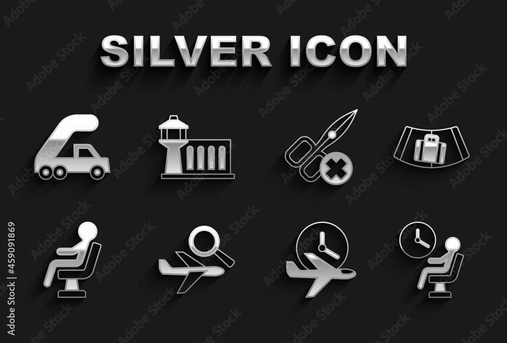 Set Airplane search, Conveyor belt with suitcase, Human waiting in airport terminal, Flight time, No scissors, Passenger ladder for boarding and Airport control tower icon. Vector Set Airplane search, Conveyor belt with suitcase, Human waiting in airport terminal, Flight time, No scissors, Passenger ladder for boarding and Airport control tower icon. Vector