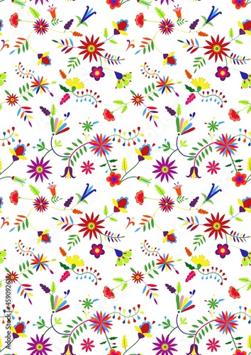 Mexican embroidery Otomi style seamless pattern. Colorful ethnic floral background for greeting card, wedding and birthday invitation, boho textile.