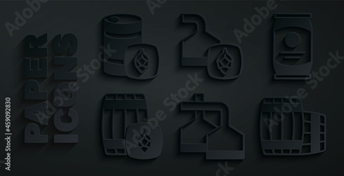 Set Beer brewing process, can, Wooden barrel, and Metal beer keg icon. Vector