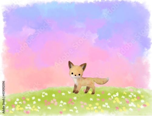 花畑とキツネのイラスト Wall Mural Wallpaper Murals Mokumoku