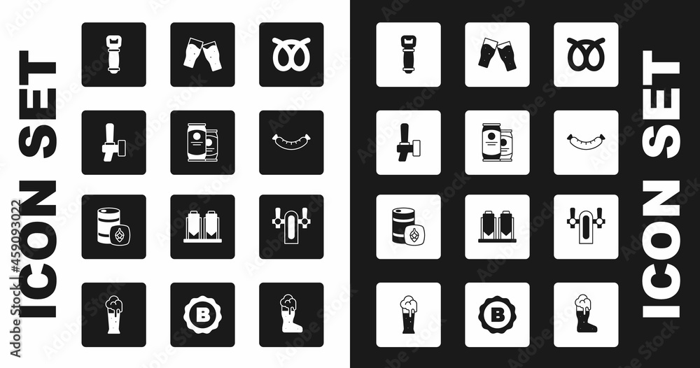 Set Pretzel, Beer can, tap, Bottle opener, Sausage, Glass of beer, and Metal keg icon. Vector Set Pretzel, Beer can, tap, Bottle opener, Sausage, Glass of beer, and Metal keg icon. Vector